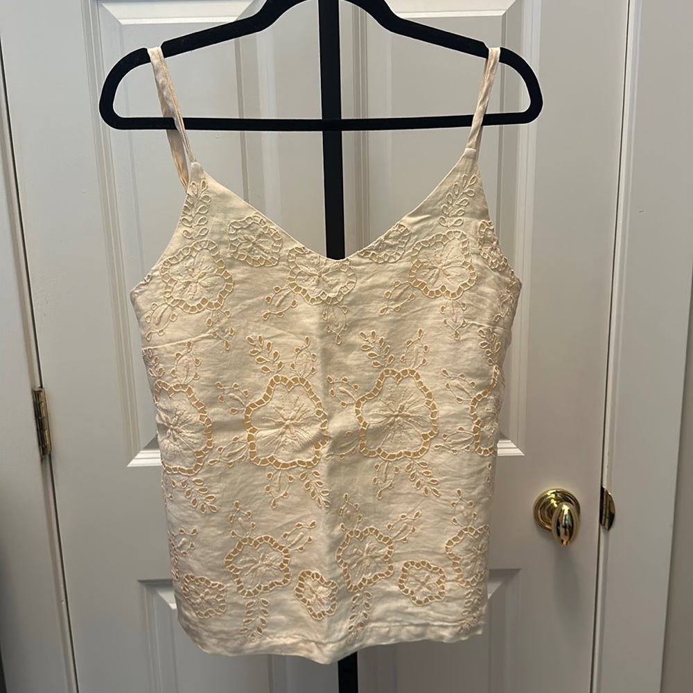 Haris Cotton Strapped Linen Top With Embroidered Details in Butter Cream NEW